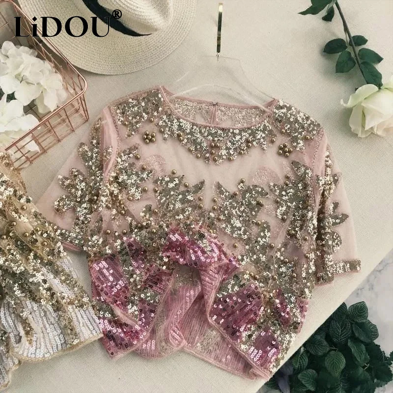 

2023 Summer New Sheer Short Sleeve T-shirt Women Sequined Lace Embroidered Flares Y2K Pullovers Personality Temperament Tops