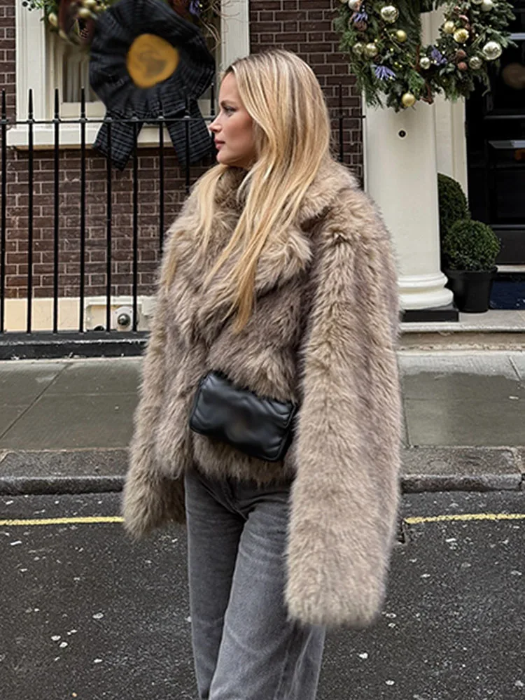 HH レディース ニューファッション フェイクファー風 ショートジャケット 女性用 冬 ラペル 長袖 隠しバックル コート カジュアル ルーズ ハイストリート トップス