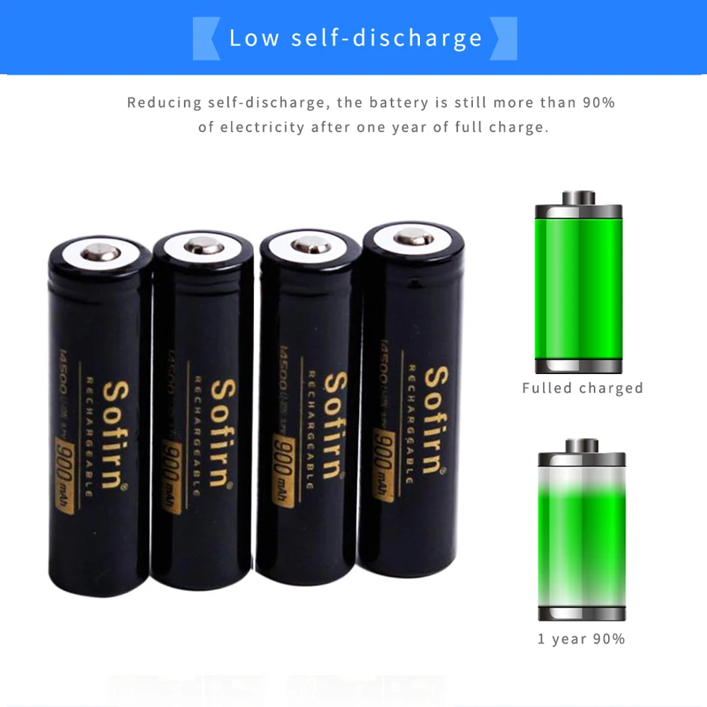 Sofirn Rechargeable 14500 900mAh 3.7V Top Li-ion Discharge HD Cell Lithium Reall Capcaity for SP10V3 HS05