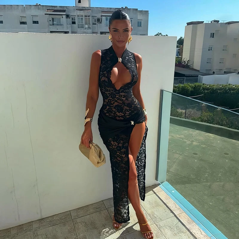 Sexy schwarzes Spitzen-Blumen-durchsichtiges Maxikleid für Damen, ärmellos, aushöhlen, Patchwork, hoher Split, Abschlussball, Nachtclub, Party, langes Kleid