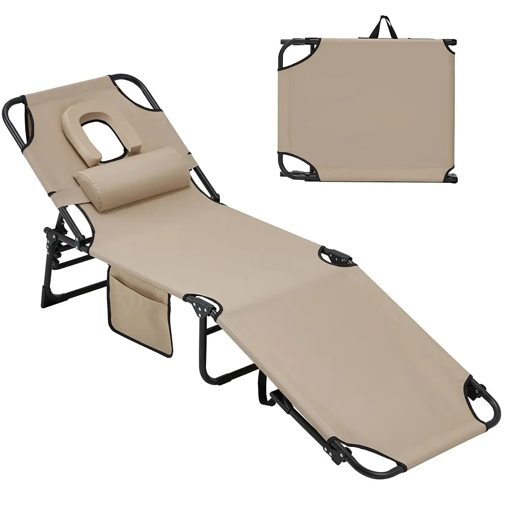 

5-Fold Lounge Chair, Outdoor Tanning Chair With Face Hole, Support 450Lbs, Non-Slip Foot & Portable Handle, 2 Function Pockets
