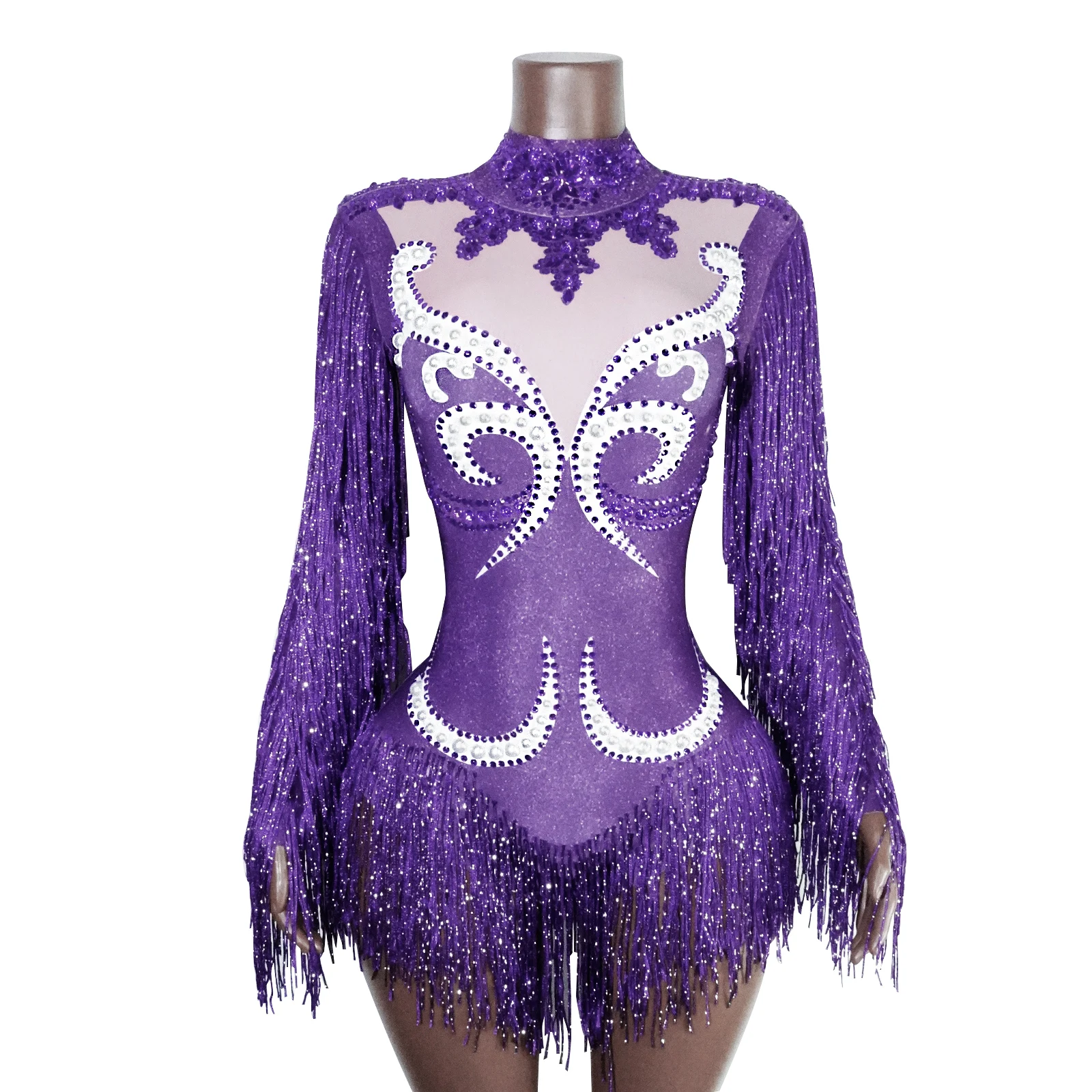 

Drag Queen Show Outfits Glitter Purple Fringes Pearls Bodysuit Latin Dance Pole Performace Festival Stage Gogo Party Costume