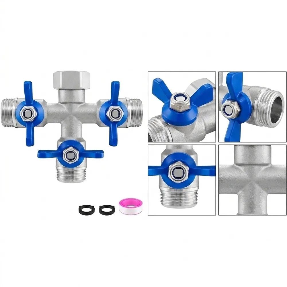 3-Way Garden Hose Splitter with 3 Independent Shutoff Valves Full Bore 0.59 Inch Ball Valve 304 Stainless Steel