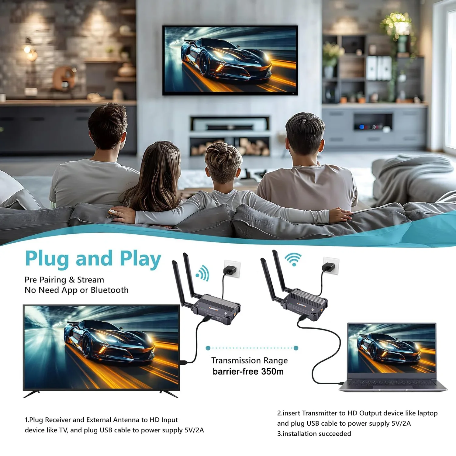 5G 4K Wireless Audio Video Transmitter and Receiver 350m Dual HDMI Extender Kit for Laptop PC PS4/5 DSLR Camera To TV Projector