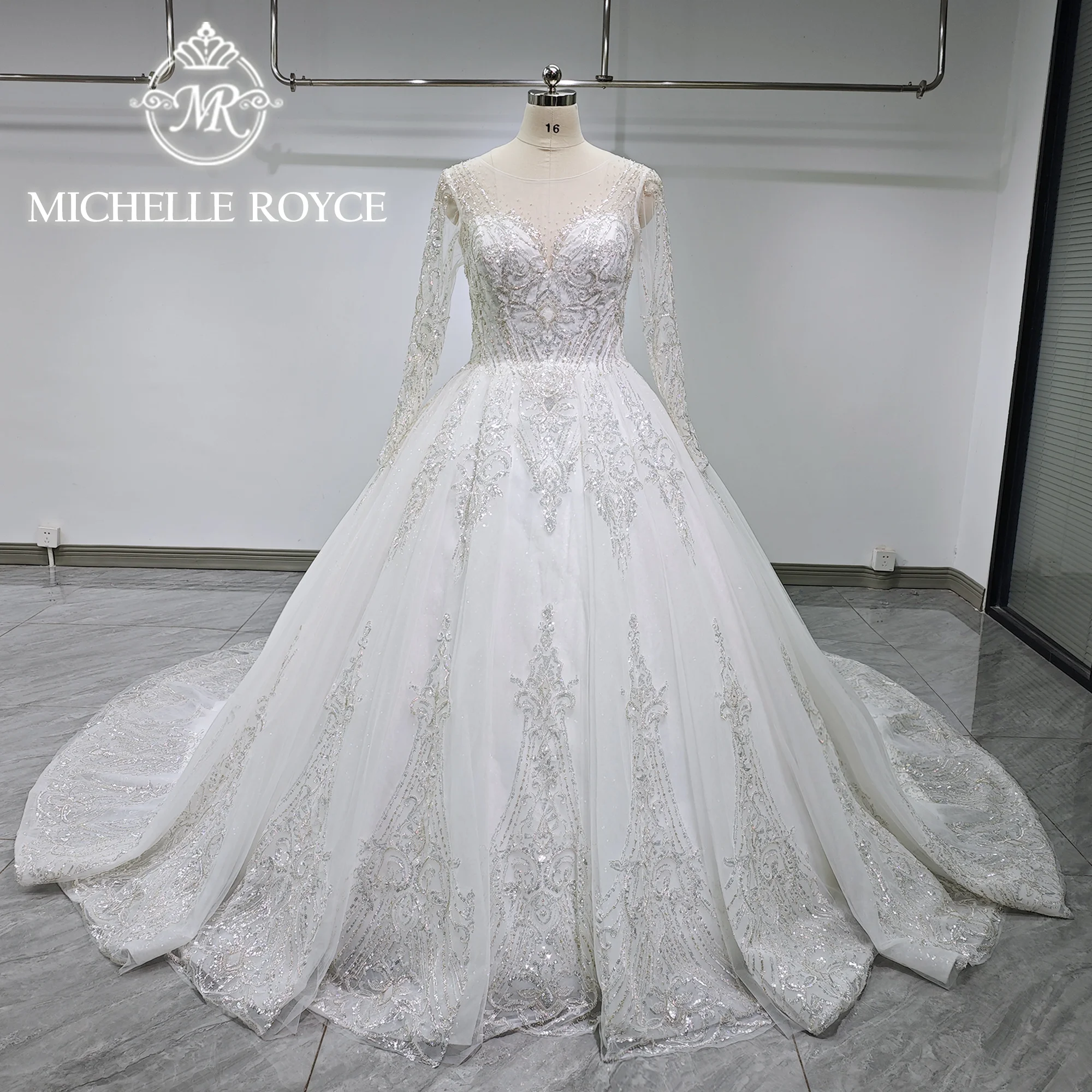 Michelle Royce Royal Wedding Dress Real photos Beading CRYSTAL Sequined Button Wedding Gown Vestidos Elegantes Para Mujer