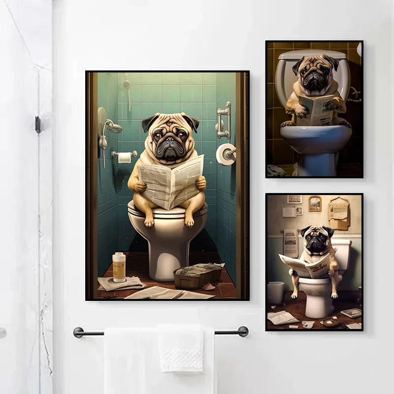 Funny French Bulldog Pug Dog Sit on Toilet Read Newspaper Poster Canvas Painting Print Animal Wall Art for Bathroom Home Decor