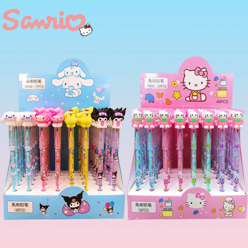 48pcs Sanrio Mechanical Pencil Hello Kitty Cinnamoroll Student Silicone Tips Writing Pencil School Supplies Stationery Wholesale