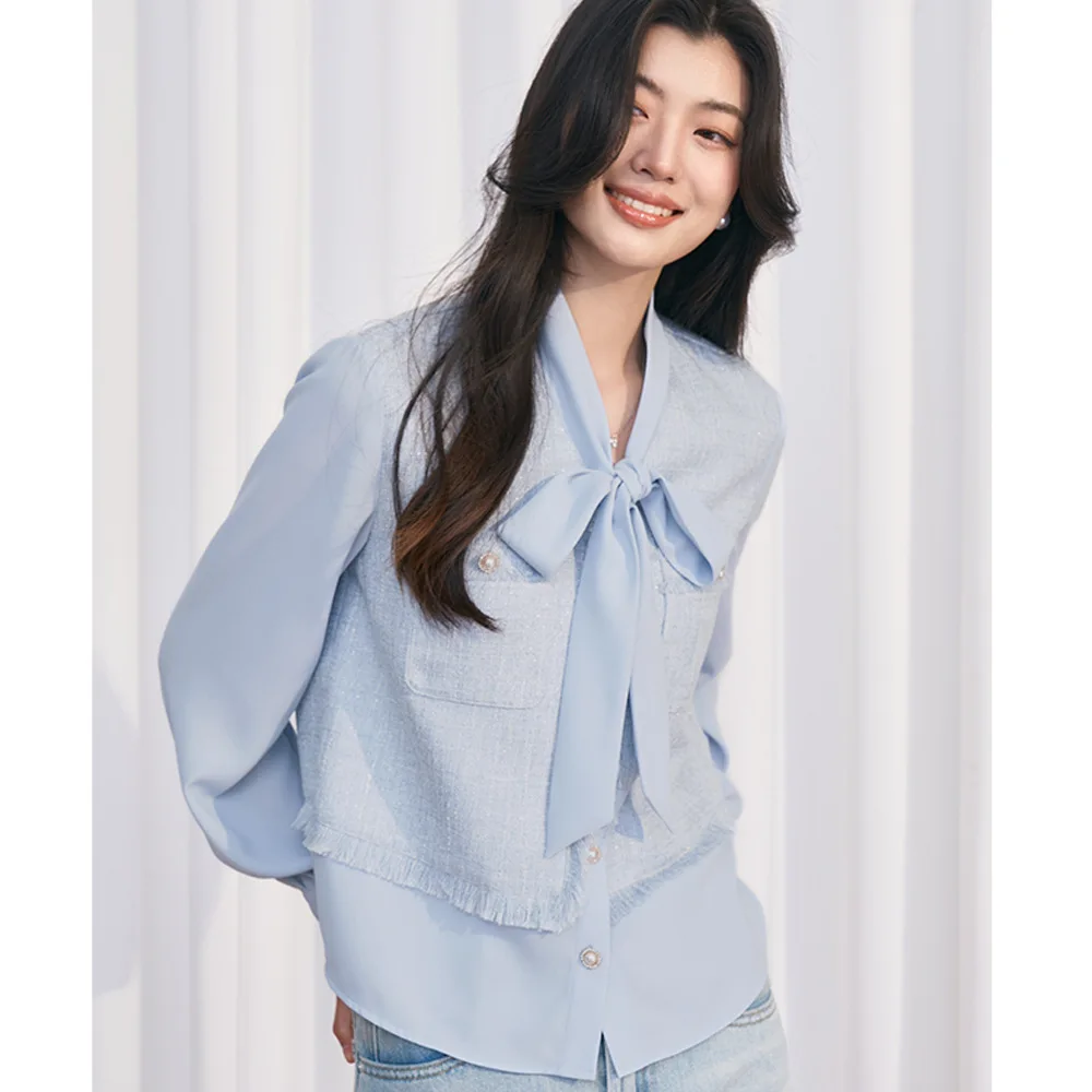 

Новая женская блузка Shengdu весна-лето с синими вставками, завязками и рукавами-фонариками, свободный крой, элегантный стиль