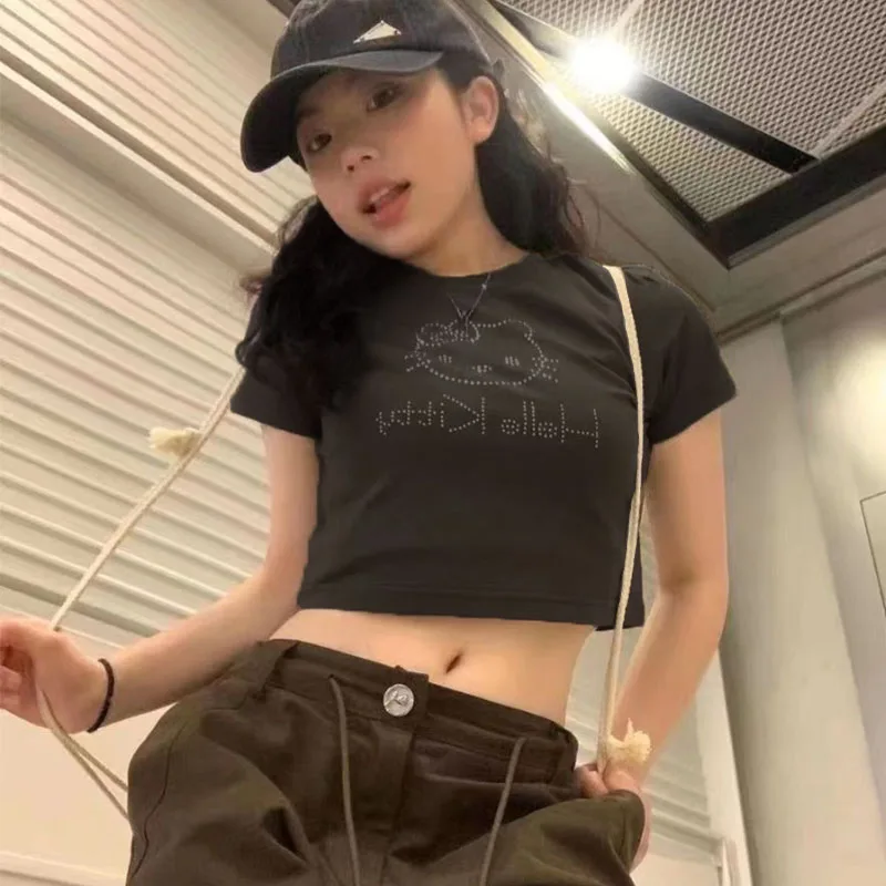 Sanrio Hello Kitty T-shirt Women Short Sleeve Y2k Sexy Summers Slim Fit T Shirt Tight Girl Fashions Retro Short Sleeve Sweet Top