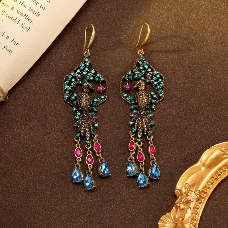 Vintage Bird Tassel Earrings for Women Colorful Rhinestone Inlaid Drop Earrings Elegant Statement Jewelry Gift