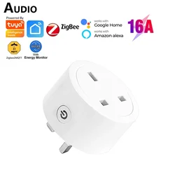 Tuya Zigbee Smart Socket UK Plug 16A Home Energy Monitor Power Outlet Adapter Smart Life Timing Controle de voz para Alexa Google