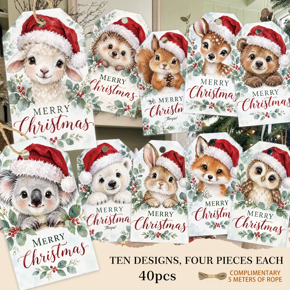 40pcs, Gift Tags, Watercolor Cute Christmas Animals, Hanging Paper Labels for Gift Wrapping, Holiday Party Decor with String