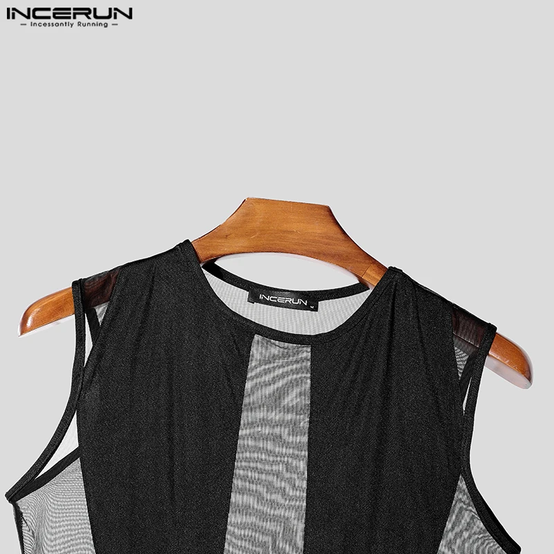 INCERUN Style américain Sexy body hommes transparent Patchwork maille combinaison élégant décontracté mince Homewear sans manches combinaison