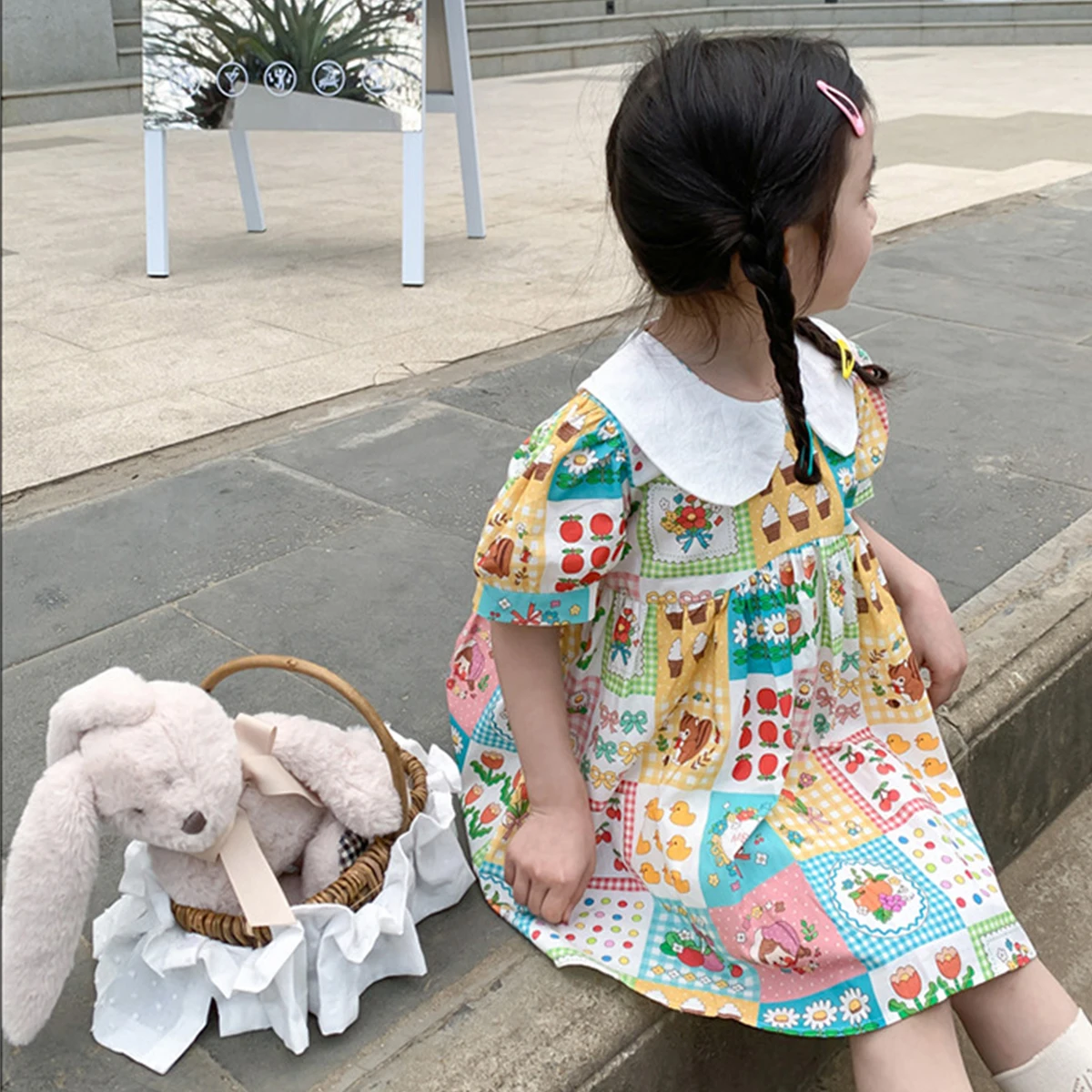 Summer Girls Cute Dress Baby Print Short Sleeve Dress Cartoon Fruit Sweet Flower Flip Collar Bubble Sleeve Daily Clothes