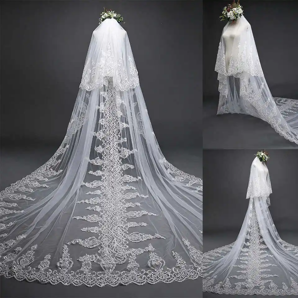 

Luxury Wedding Bridal Veils Two-Layer 3M Cathedral Tulle Appliques Lace For Bride Veil Wedding Accessories