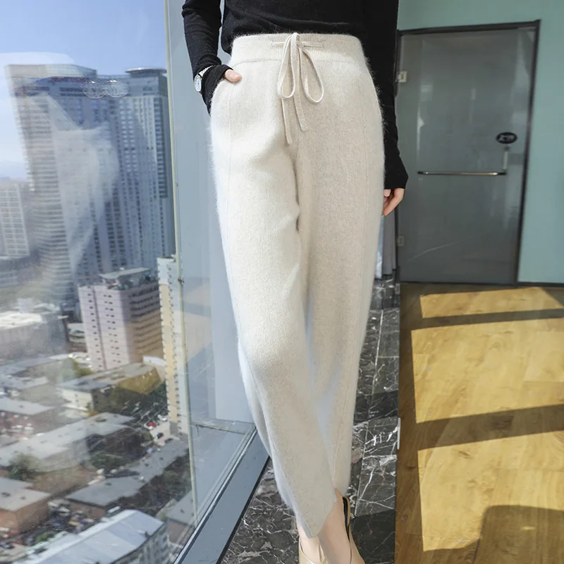 لينة مريحة الخريف والشتاء 100% المنك الكشمير السراويل عالية الخصر أسلوب بسيط تريكو مكتب سيدة مرونة الخصر بنطلون