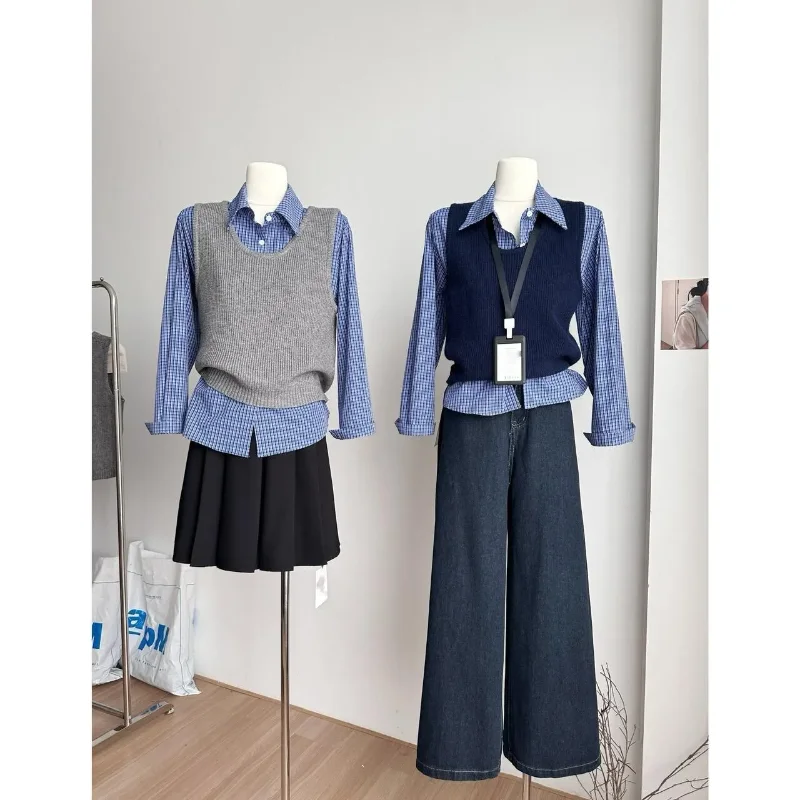 

Корейская модная свежая клетчатая рубашка с длинными рукавами в парном ленивом стиле, пуловер, вязаный жилет, костюм из двух предметов