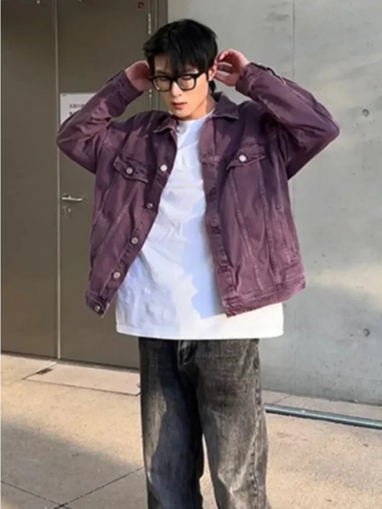 Purple Denim Jacket Men Spring Autumn Japanese Fashion Vintage Lapel Loose Casual Chic Handsome Long Sleeve Harajuku Simple Cozy