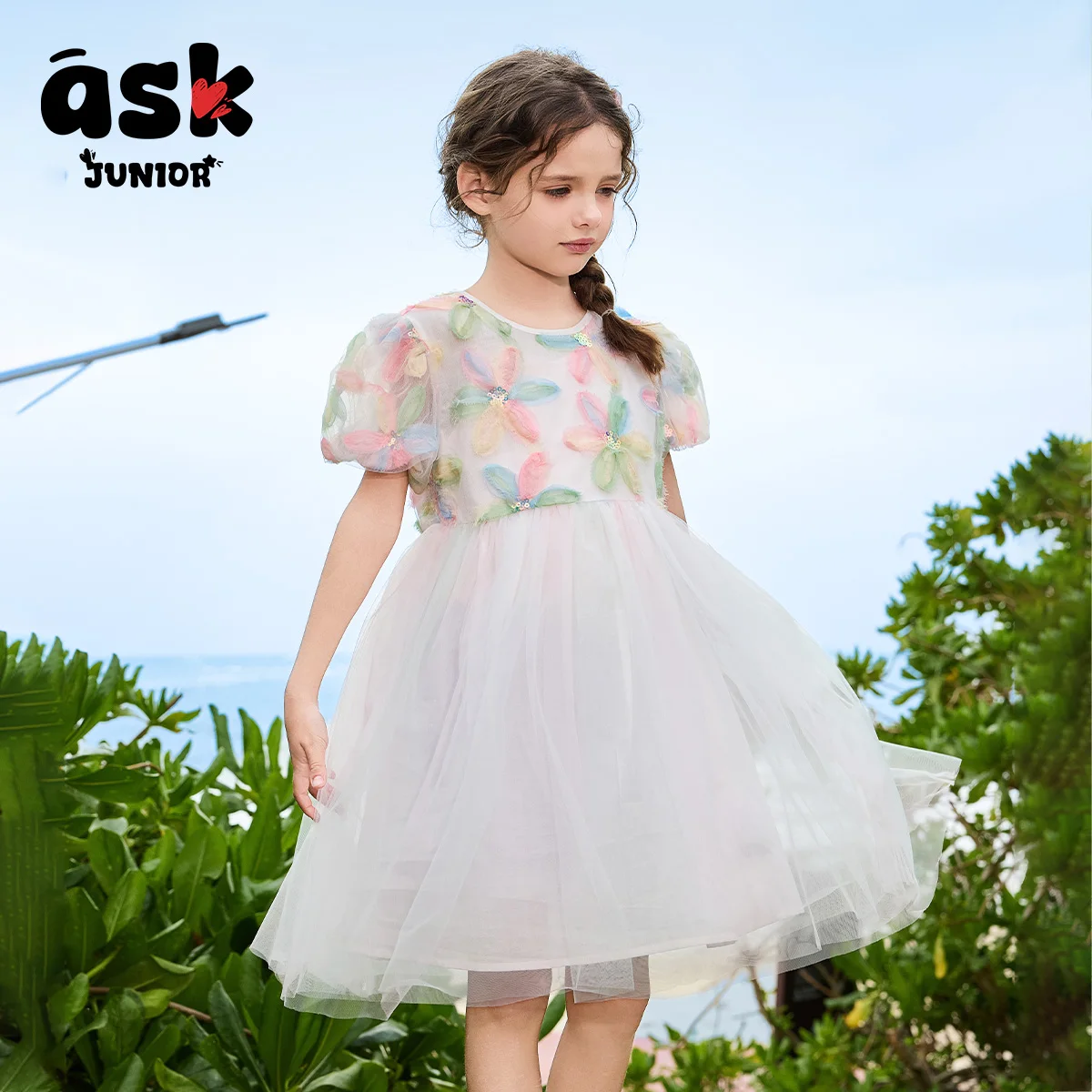 اسأل الفتيات الصغار فستان صيفي لون زهرة الأميرة شبكة اللباس فقاعة الأكمام طاقم الرقبة الأطفال عطلة اللباس الشاطئ #5