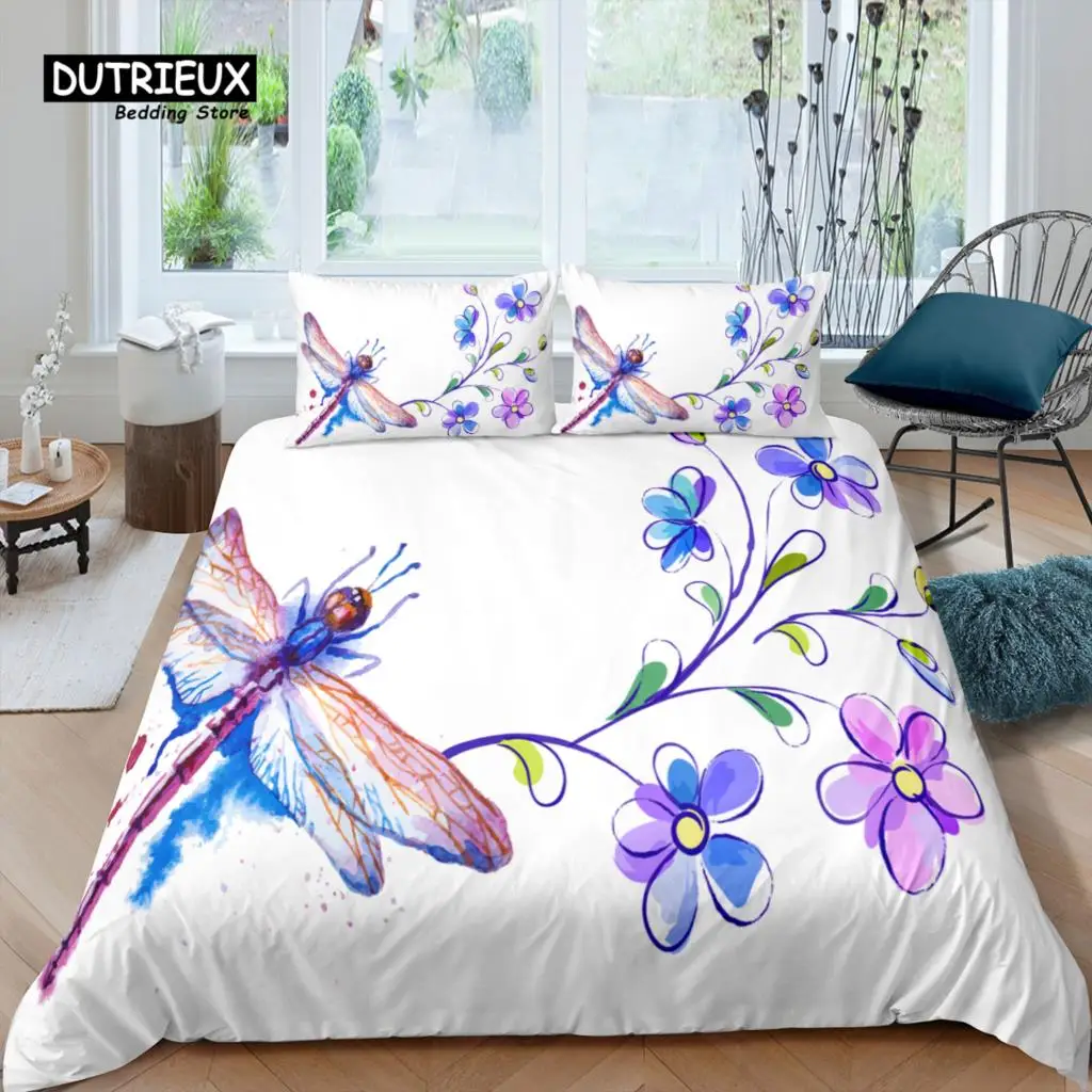 

Home Living Luxury 3D Dragonfly Print Bedding Set Flower Duvet Cover Pillowcase Queen and King EU/US/AU Size Polyester Bedding