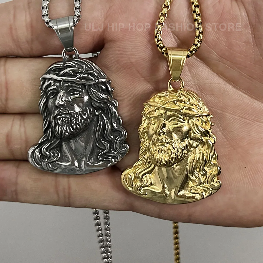 ULJ كلاسيكي جودة عالية الفولاذ المقاوم للصدأ يسوع رئيس قلادة الذهب فضي اللون المرأة رجل سلسلة قلادة الصليب مجوهرات مقاومة للماء