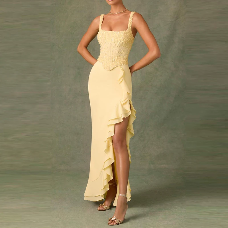 

Elegant Sequin Splicing Suspenders Dress Women Sexy Off Shoulder Ruffled Long Dress Fashion Hight Waist Slim Solid Party Dresses