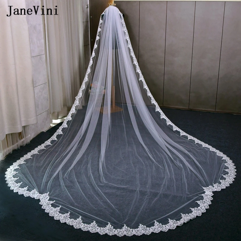 

JaneVini Real Photo 4m Cathedral Bridal Veils 1 Tier Full Lace Edge Sequins Wedding Veil Luxury European Brides Hair Accessories