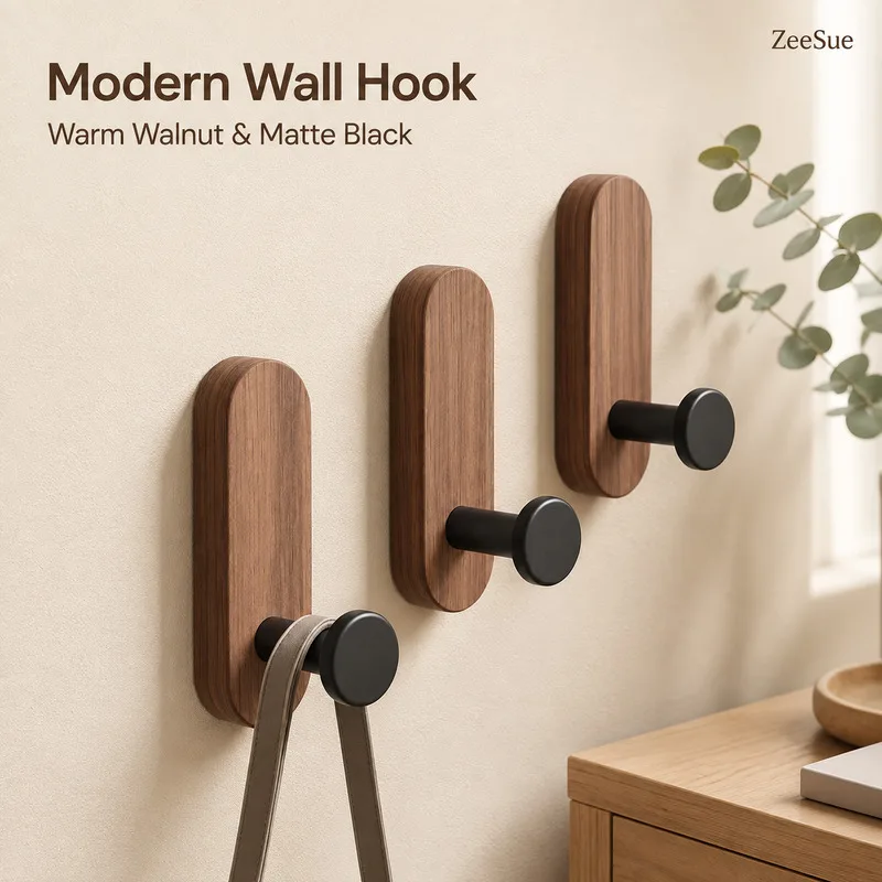 ZeeSue Minimalist Wood Wall Hook, Decorative Black Metal Towel, Hat and Handbag Hanger for Home Wall Storage