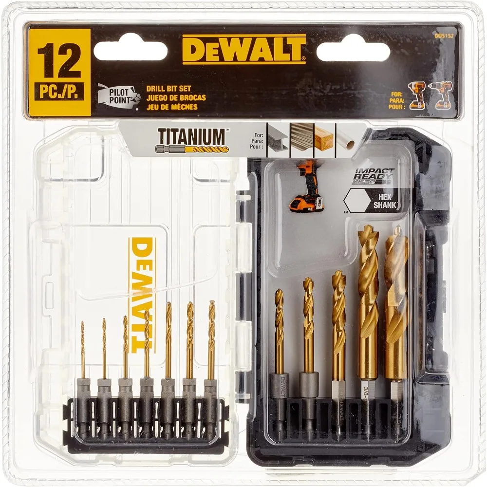 Drill Bit Set, Titanium Impact Ready, Ideal for Metal, Wood, and Plastic, 12 Piece Drill Bit Sets