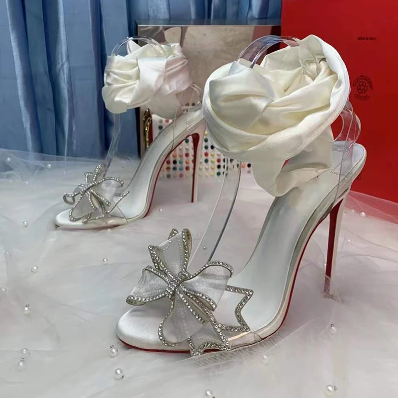 2023 Summer Size 34-45 Sweet White Satin Girls Women Fashion High Heels Sandals Shoes