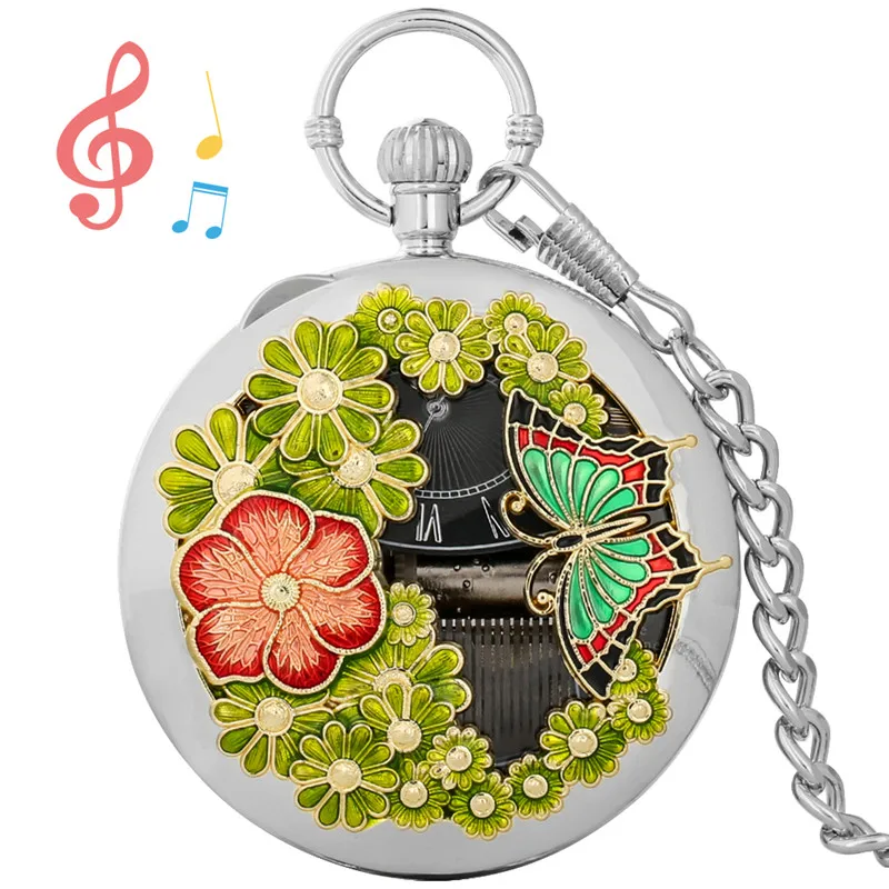 Creative Hollow Out Flower Butterfly Case Musical Quartz Pocket Watch with Castle in the Sky Song Pendant Chain Timepiece Gift