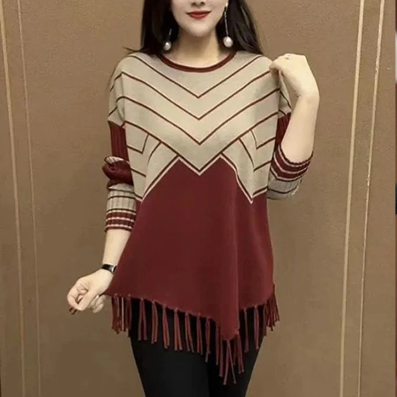 

Женская одежда, пуловер средней длины с цветными блоками, свитер для женщин, весенне-осенний темпераментный элегантный вязаный топ