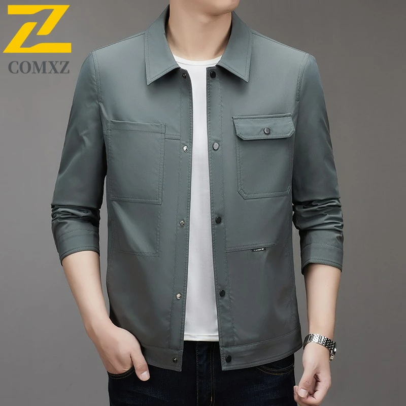 COMXZ Luxury Men Jacket Slim Notch Lapel Solid Color Business Casual Coat High End Travel Lightweight Fashion Autumn Outerwear
