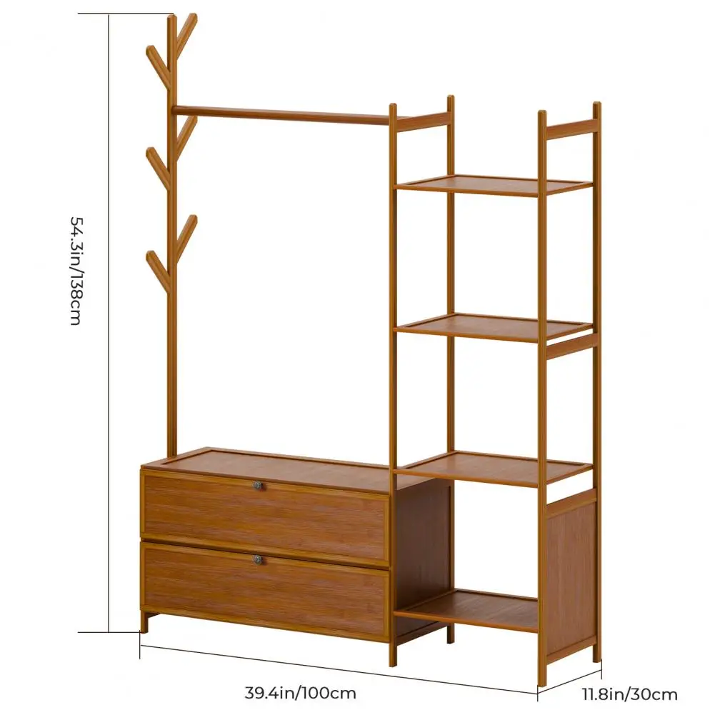 Hall Tree Garment Rack, Entryway Coat Rack with 4-Tier Shelves and 2 Shoes Cabinet, Freestanding Wardrobe Closet Clothing Rack