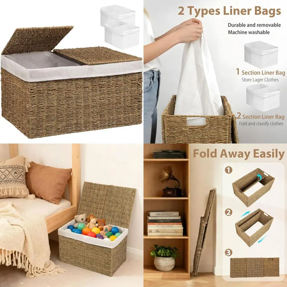 

Large Seagrass Wicker Storage Basket with 2 Lids and Liners, Foldable Organizer for Clothes, Toys, and Blankets