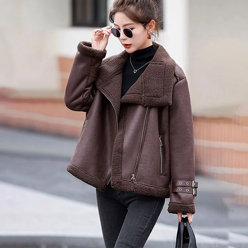 

New Women's Clothing Lamb Wool Coat Winter Warm Suede Jacket Female Thicke Windproof Motorcycle Jacket Cotton-padded Coat