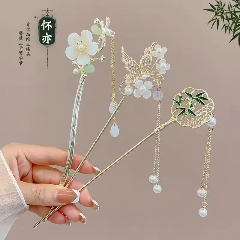 عصا شعر على شكل زهور أنيقة مصنوعة من خليط معدني على الطراز الصيني القديم للنساء وإكسسوارات شعر دبوس شعر كلاسيكي للفتيات على الموضة #4