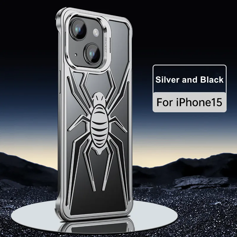 

Luxury Aluminum Stand Rimless Spider Pattern Phone Case For iPhone 13 14 15 Pro Max Metal Lens Shell Shockproof Armor Back Cover