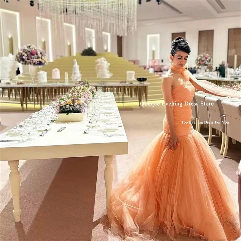 Qunque Mermaid Tulle Coral Prom Party Dresses Strapless Pleat Long Evening Dress Customized Shawl Scarf Formal Occasion Gowns