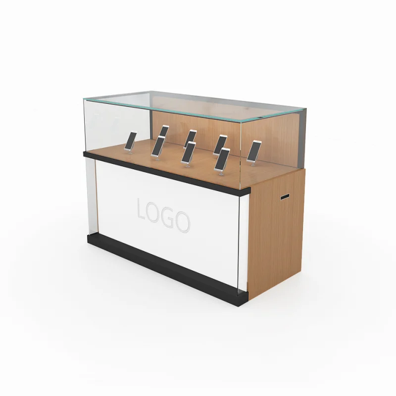 

Custom. new modern logo led light design wood glass cell Cabinet mobile phone counter display showcase for store