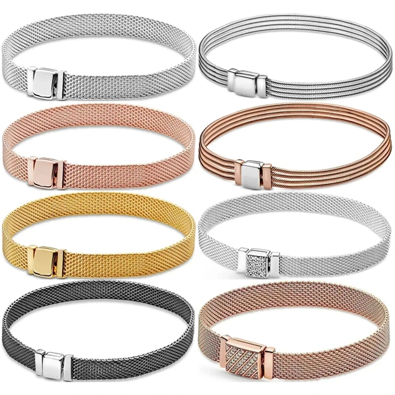 

New Hot Selling S925 Silver Reflective Series Woven Mesh Original Women's Logo Multi Loop Watch Bracelet DIY Charming Jewelry