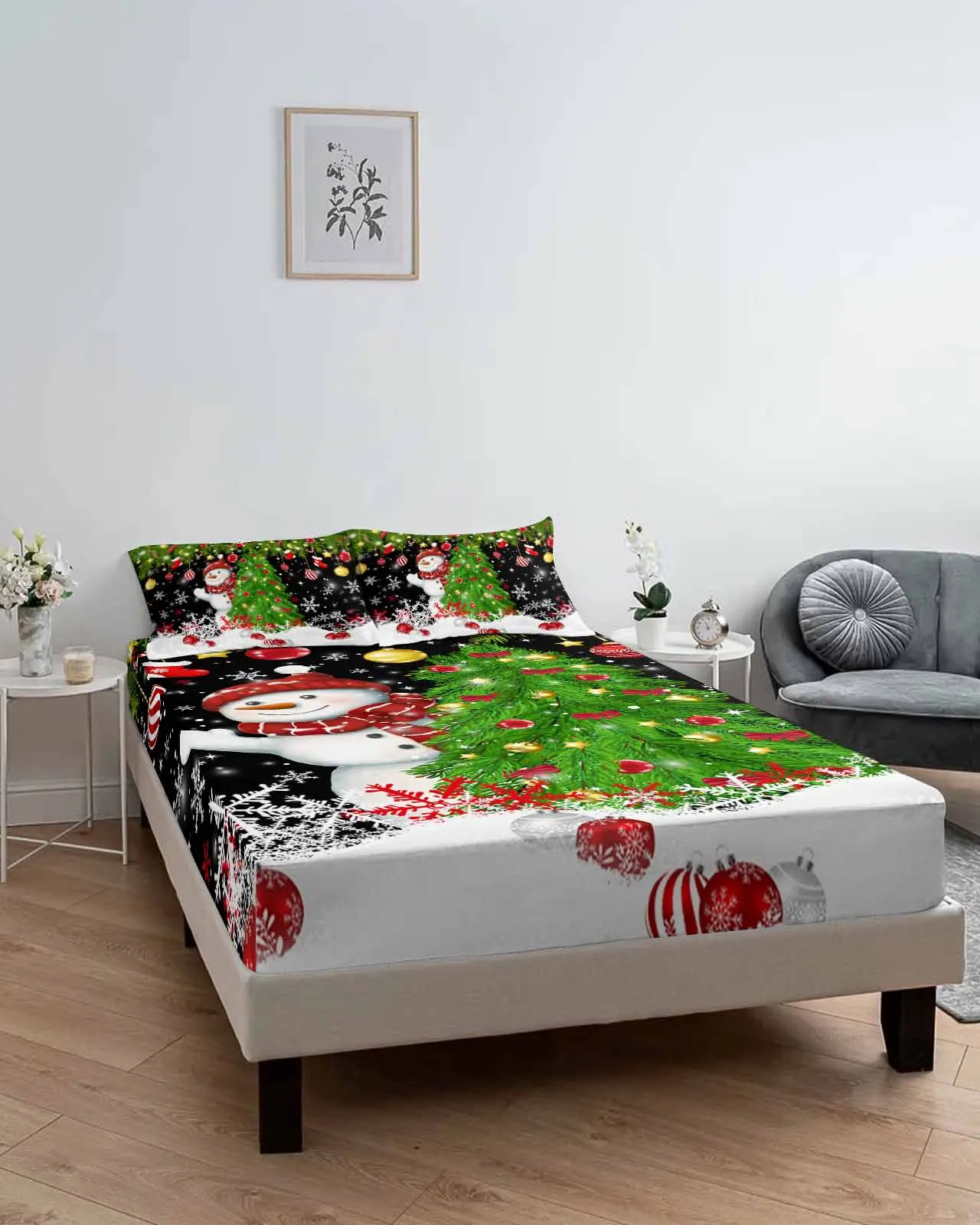 

Christmas Ball Snowflake Pine Branch Queen Size Bed Mattress Fitted sheet Elastic Rubber Band Non-slip Bed Sheet Pillowcase Set