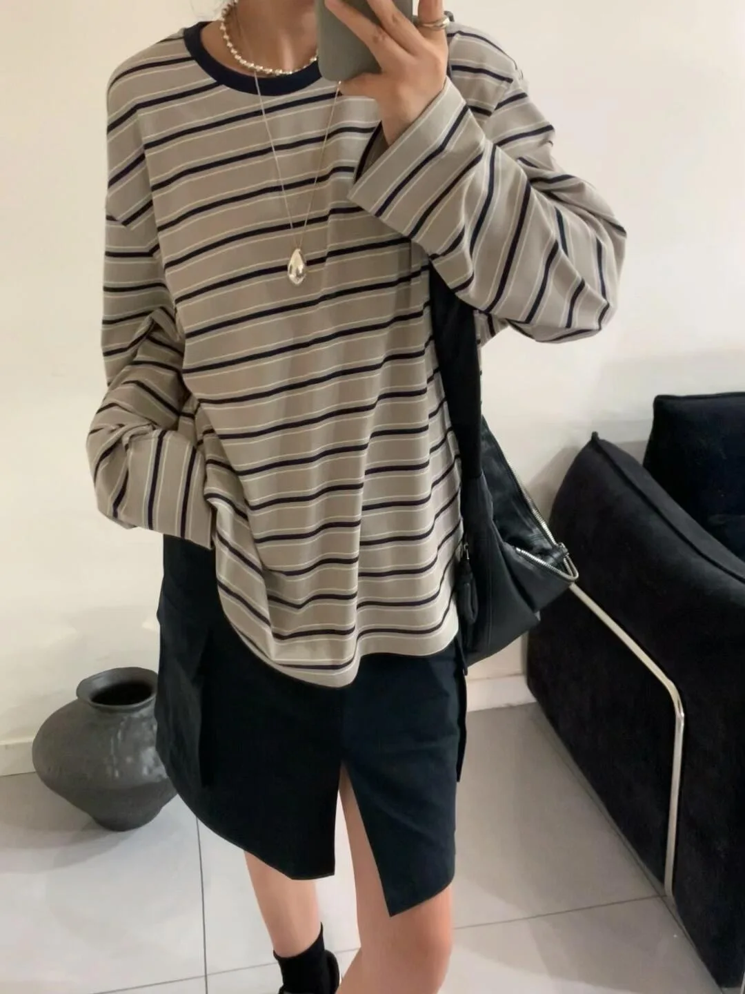 

Samoo Vintage Casual Loose round Ne Striped T-irt Women Lazy High-End Long Sve Knitted Sweater Spring Faion Cotton
