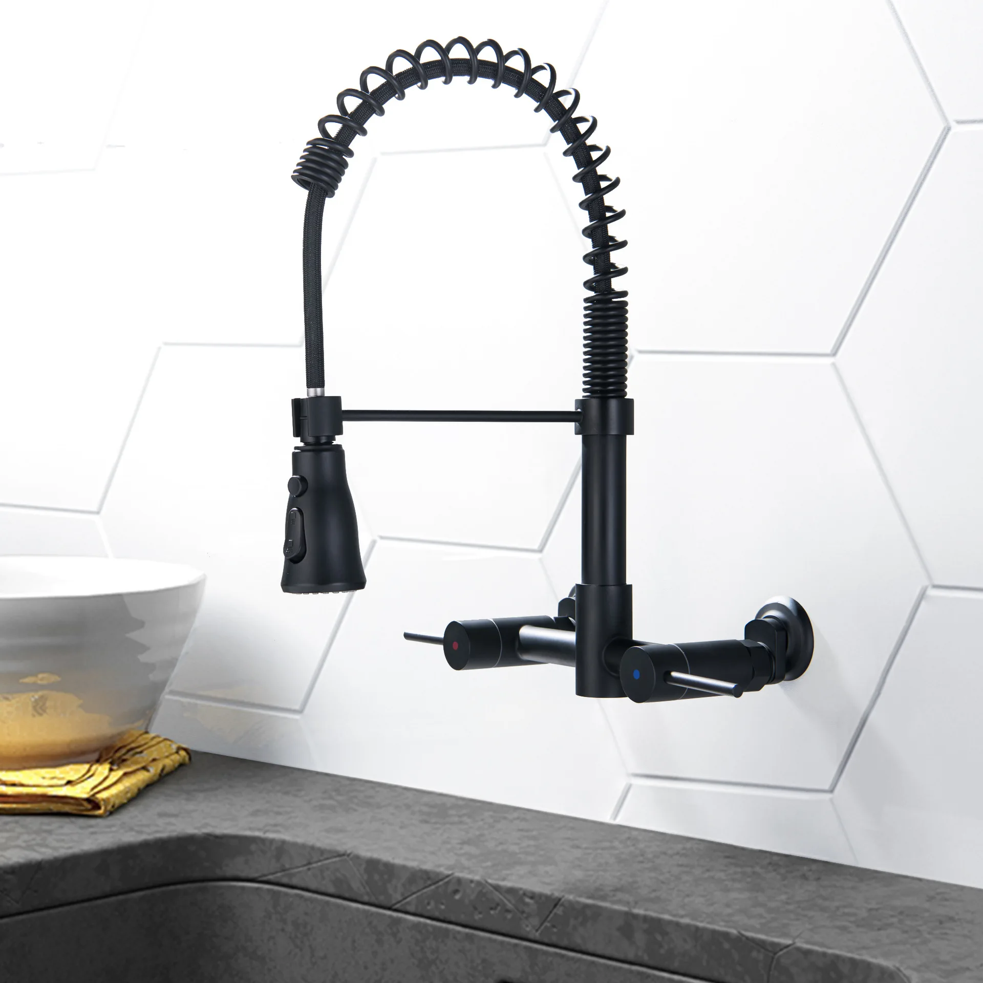 Newest Brass Kitchen sink faucet Wall Mounted Black Pull Down Spring Kitchen mixer Tap with sprayer Cold hot water 2 Handles