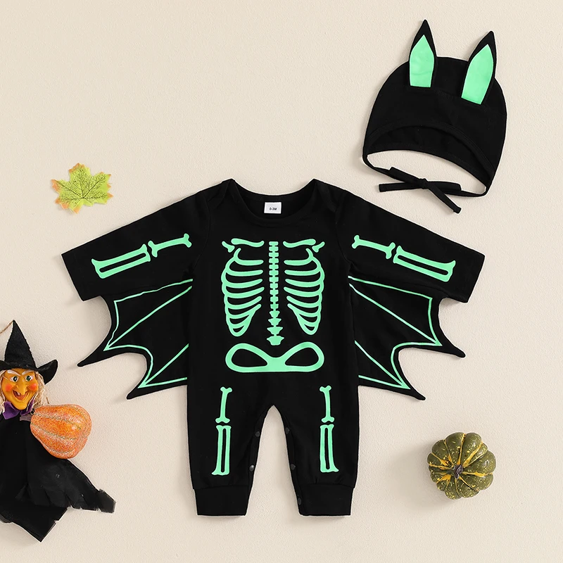 Baby Halloween Clothing Boys Bat Costumes Long Sleeve Glow in the Dark Jumpsuit with Hat For Newborn Items Clothes