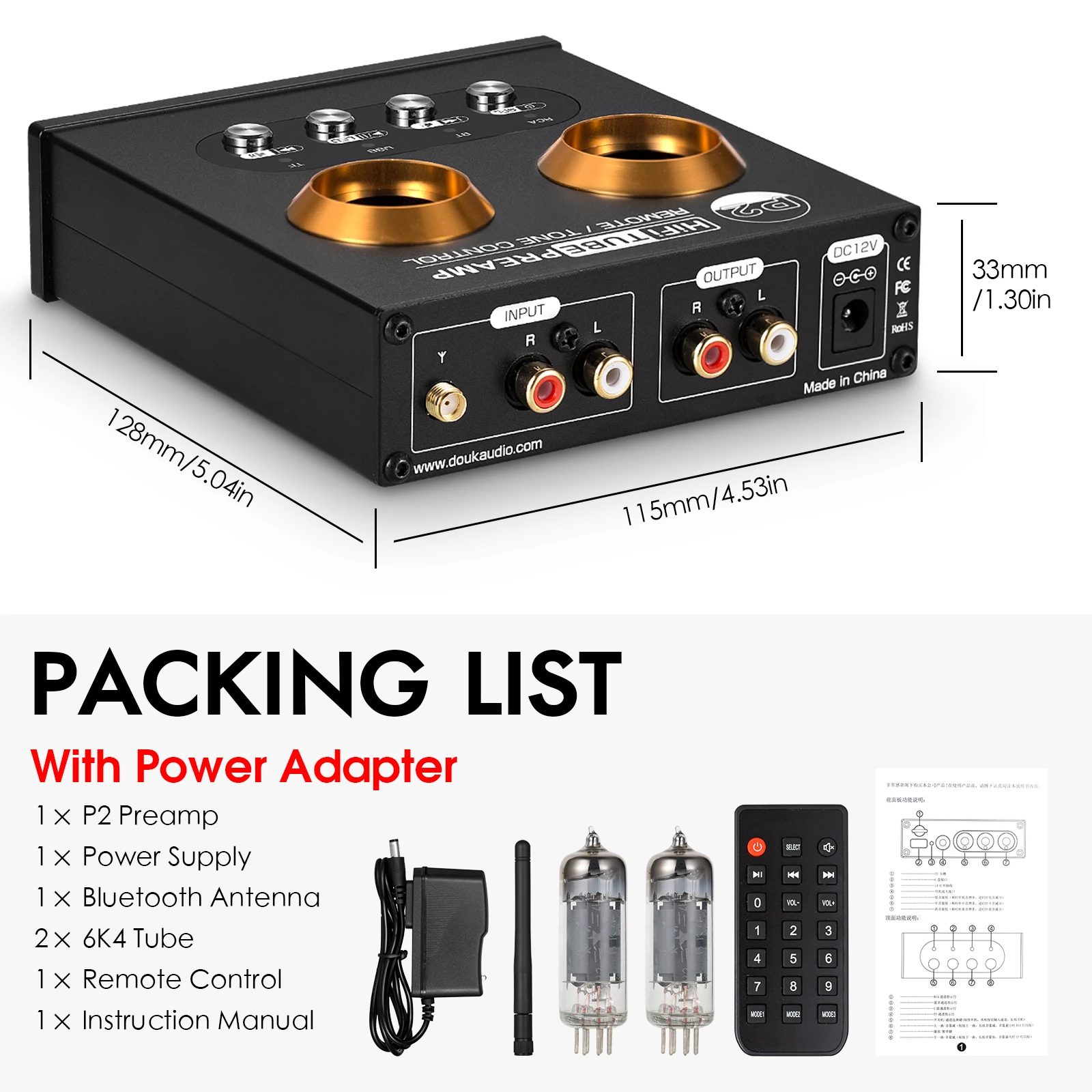 Douk Audio P2 HiFi Vacuum Tube Preamp Bluetooth 5.0 Receiver Stereo Headphone Amplifier USB Music Player