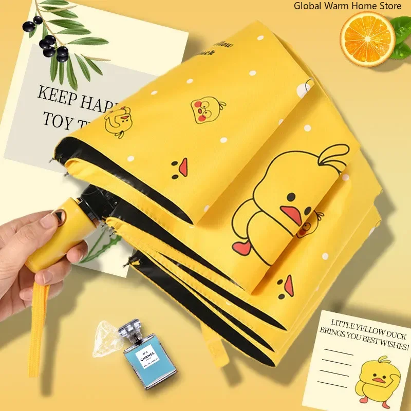 Weatherproof Automatic Umbrella Cute Little Yellow Duck Sunny Rain Umbrella Sunscreen Cartoon Folding Umbrella Rain Women Man