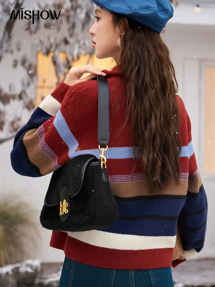 MISHOW Striped Knit Cardigans for Woman Autumn Winter 2023 Fashion Loose Lapel  Sweater Cardigan Double Zipper Design MXC54Z0389