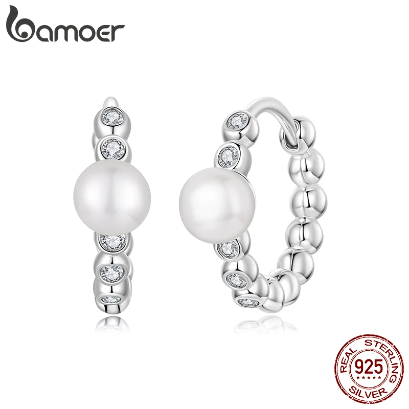 

BAMOER Bezel Moissanite Hoop Earrings Natural Pearl Huggie Earring 925 Sterling Silver Jewelry for Women Brilliant Xmas Gift