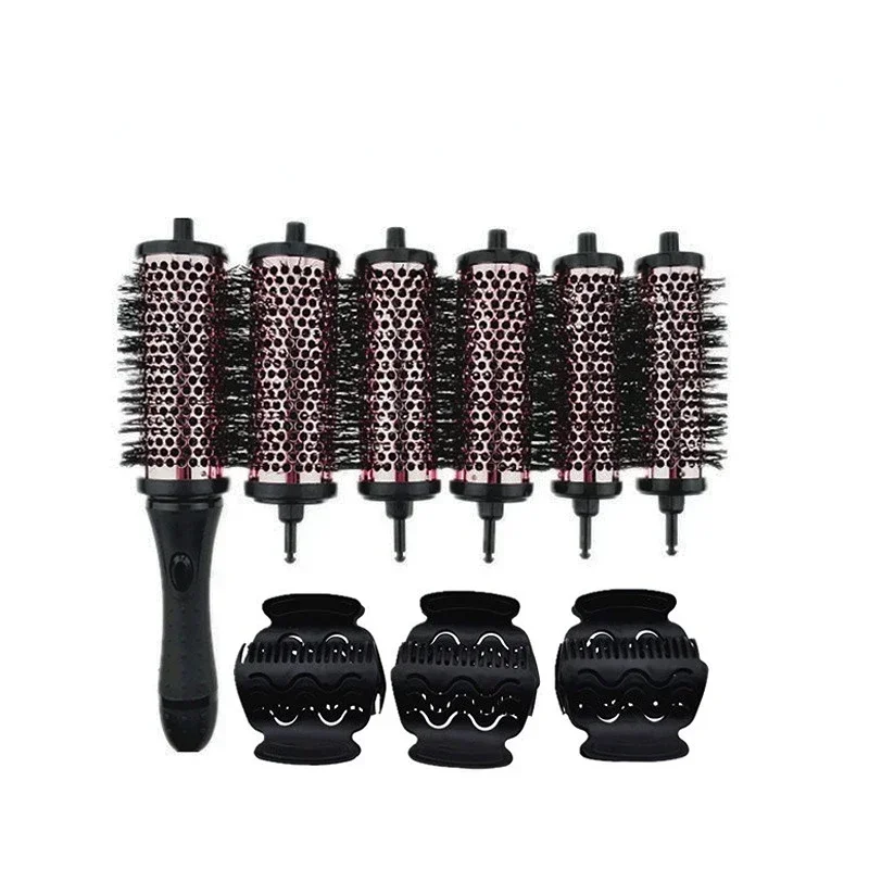 6pcs/set 3 Sizes Detachable Handle Hair Roller Brush with Positioning Clips Aluminum Ceramic Barrel Curler Comb Hairdr